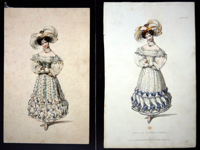 Vázlat és nyomat egy divatlemezről, 1829 körül (ceruza és akvarell papíron és kézzel színezett metszet) alkotó: John Samuel Agar