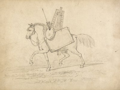 Művész kellékeivel megrakott ló, balra sétál (grafit papíron) alkotó: John Sell Cotman