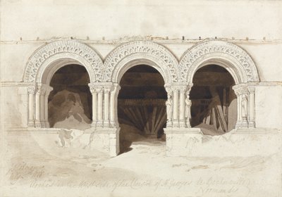 Ívek a St. Georges de Boscherville-i kolostor nyugati oldalán, Rouen közelében, Normandiában, 1818 körül (grafit, barna mosás és toll és tinta papíron a kártyán) (lásd: 172543) alkotó: John Sell Cotman