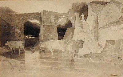 Híd és tehenek (toll és tus, mosás, papír) alkotó: John Sell Cotman
