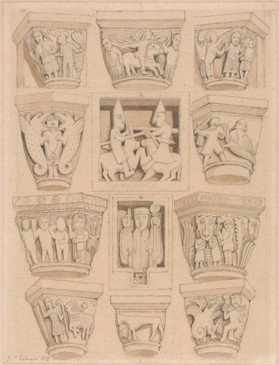 Fővárosok és A & B domborművek a Saint Georges de Bocherville-i apátsági templomban, Rouen közelében, Normandiában alkotó: John Sell Cotman