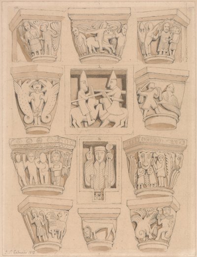 Fővárosok és A & B domborművek a Saint Georges de Bocherville-i apátsági templomban, Rouen közelében, Normandiában alkotó: John Sell Cotman