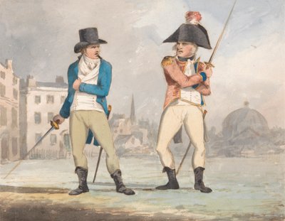 Két kivont kardú férfi karikatúrája (egy a háromból) alkotó: John Sell Cotman