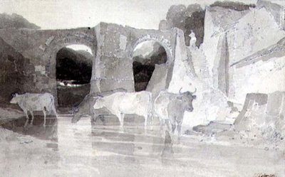 Szarvasmarha a folyóban (toll, tinta és mosás) papíron alkotó: John Sell Cotman