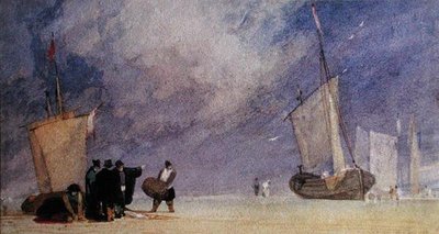 Figures of the Shore Unloading a Boat at Low Tide (toll és barna tinta és akvarell, papír) alkotó: John Sell Cotman