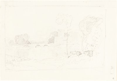 Táj vázlat a híddal és a várral alkotó: John Sell Cotman