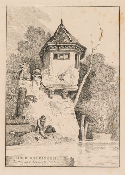 Liber Studiorum; Homlokzat, kilátás egy kertes házra a Yare folyó partján alkotó: John Sell Cotman