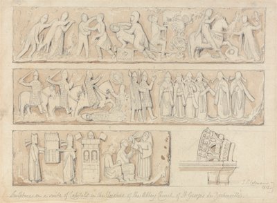 Szobor egy tőkék lakosztályán a Saint Georges de Boscherville-i apátsági templom kolostorában, Rouen közelében, Normandiában alkotó: John Sell Cotman