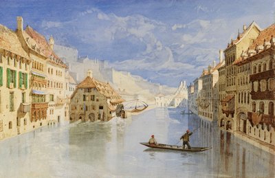 A belgiumi Namur fölötti fellegvár a Sambre folyó felől alkotó: John Sell Cotman