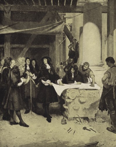 II. Károly király meglátogatja Sir Christopher Wren-t a Szent Pál-székesegyház építése közben, 17. század végén (litho) alkotó: John Seymour (after) Lucas