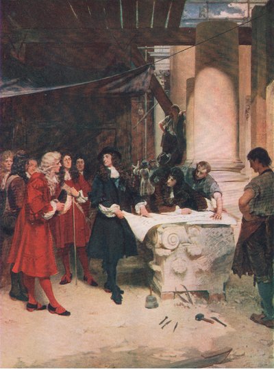 Károly király látogatása Wrennél a St Pauls építése közben, illusztráció a The History of the British People-ből, amelyet Waverley adott ki, 1940 körül (litho) alkotó: John Seymour Lucas