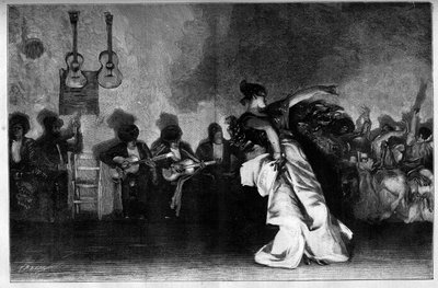 El Jaleo - Cigány táncok. Gitárosok és flamenco táncosok. Metszet John Singer Sargent (1856-1925) festménye után a „The Illustrous World”” 1335. sz. október 28-án. alkotó: John Singer (after) Sargent