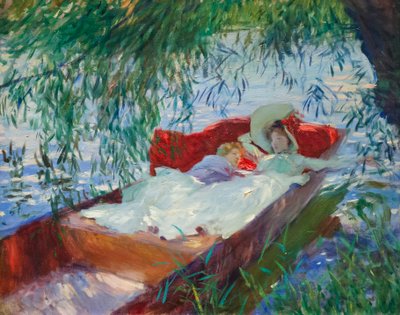 Hölgy és gyermek alszik a fűzfa alatt egy csobogóban alkotó: John Singer Sargent