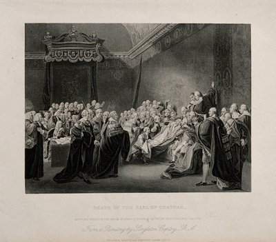 William Pitt, Lord Chatham halála a Westminster-palota felsőházában, 1778. J. Copley műve alapján készült metszet, 1779. alkotó: John Singleton Copley