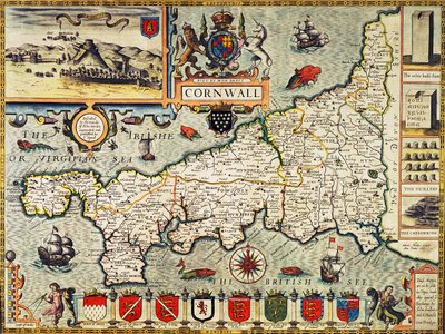 Cornwall térképe a "Theatre of the Empire of Great Britain" kocsmából. Londonban, George Humble, 1627-es kiadás (kézzel színezett metszet) alkotó: John Speed
