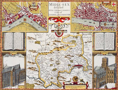 A középneműek London és Westminster leghíresebb városaival írták le, Speed „Theatre of the Empire of the Great Britain”, 1611-12 (kézzel színezett rézmetszet) alkotó: John Speed