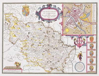 A Yorkeshyre-i West Ridinge, Jodocus Hondius (1563-1612) metszettje John Speed „Theatre of the Empire of the Great Britain” című művéből, 1611-12 (kézzel színezett rézmetszet) alkotó: John Speed