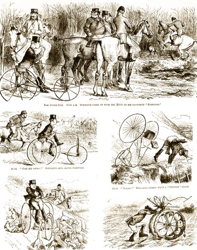Egy rajzfilm, amely egy háromkerekűn vadászó férfit ábrázol. Illusztrálta: John Tenniel (1820-1914) angol illusztrátor, grafikus humorista és politikai karikaturista alkotó: John Tenniel