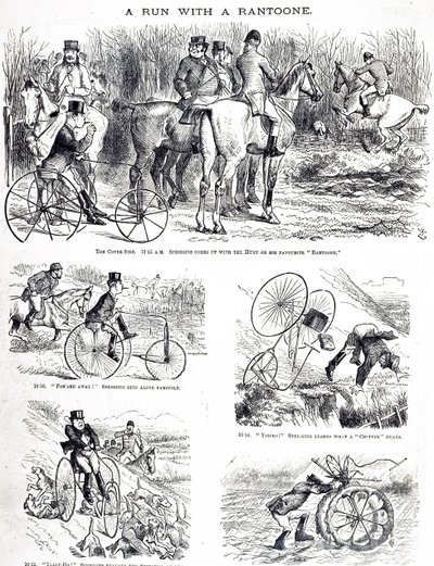 Egy rajzfilm, amely egy háromkerekűn vadászó férfit ábrázol. Illusztrálta: John Tenniel (1820-1914) angol illusztrátor, grafikus humorista és politikai karikaturista alkotó: John Tenniel