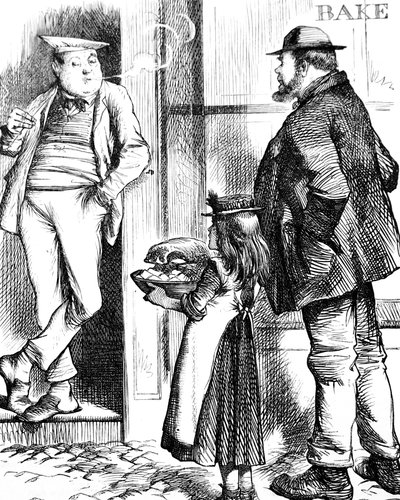 Apa és lánya sütnivalót visznek a helyi péknek, hogy megfőzzék alkotó: John Tenniel