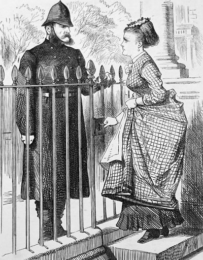 Egy rendőr egy fiatal nővel beszélget alkotó: John Tenniel