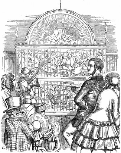 Albert, Viktória királynő hitvese, bemutatja a Kristálypalotát és a Nagy Kiállítást a londoni Hyde Parkban. John Tenniel rajzfilm a Punch Londonból 1851. Fametszet alkotó: John Tenniel