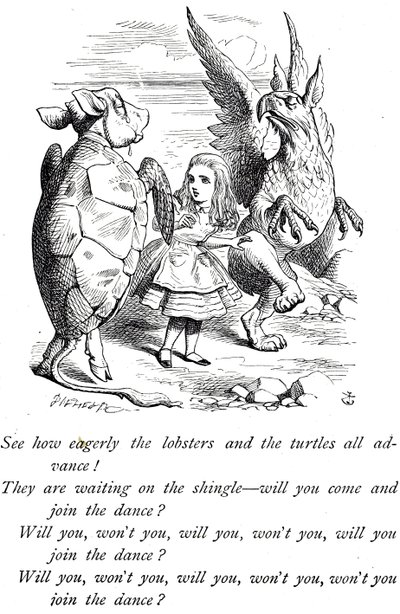 Alice, álteknős és a grifó az Alice kalandjai Csodaországban című filmből alkotó: John Tenniel