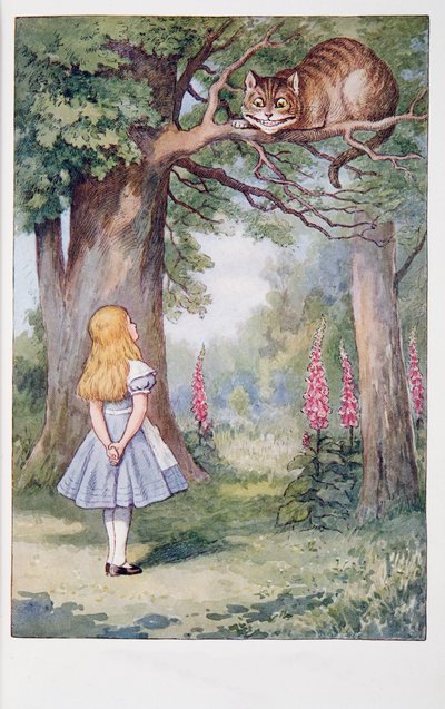 Lewis Carroll (1832-98), Alice és a Cheshire Cat, Alice kalandjai csodaországban és a szemüvegen keresztül, és mit talált Alice, 1911-ben megjelent (színes litográfia) alkotó: John Tenniel