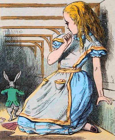 Alice és a fehér nyúl. Illusztráció: John Tenniel Lewis Carroll „Alice kalandjai csodaországban” című művének első kiadásából, 1865 - Illusztráció Lewis Carroll (Charles Lutwidge Dodgson) „Alice Csodaországban” című meséhez alkotó: John Tenniel