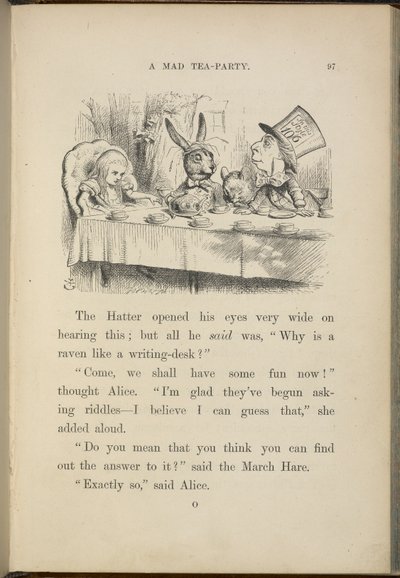 Alice a Mad Hatter teapartiján. alkotó: John Tenniel