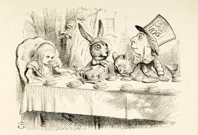 Alice a Mad Hatter teapartiján. alkotó: John Tenniel