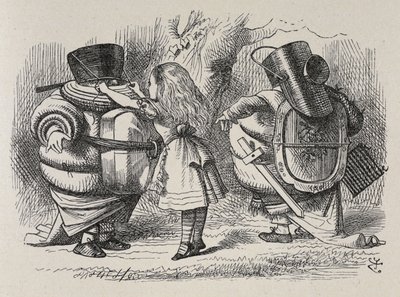 Alice felöltözteti Tweedledee-t és Tweedledumot. alkotó: John Tenniel