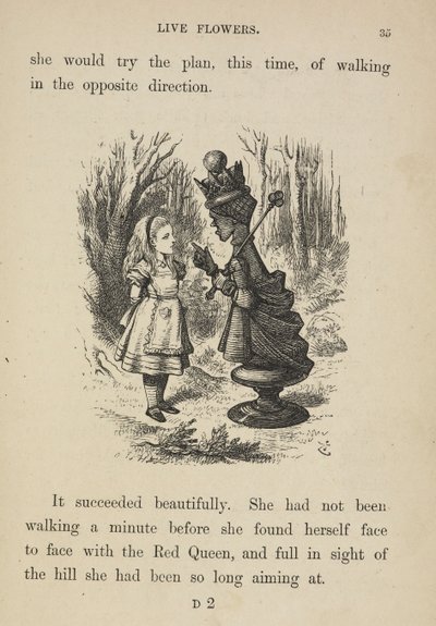 Alice a Vörös Királynővel szemben. alkotó: John Tenniel