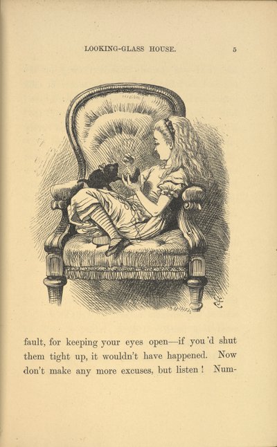 Alice egy széken ülve játszik egy cicával. alkotó: John Tenniel
