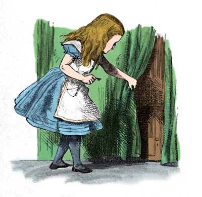 Alice egy kis ajtót néz a függöny mögött, 1889 alkotó: John Tenniel