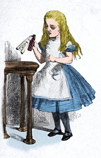 Alice az Igyál engem feliratú üveget nézi, 1889 alkotó: John Tenniel
