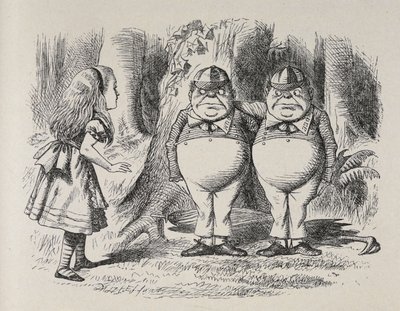 Alice először találkozik Tweedle Dee-vel és Tweedle Dummal. Egy fa alatt álltak, karjukkal a másik nyakában, és Alice egy pillanat alatt tudta, melyik melyik, mert egyikük gallérjára "Dum", a másiknak pedig "Dee" volt hímezve. alkotó: John Tenniel