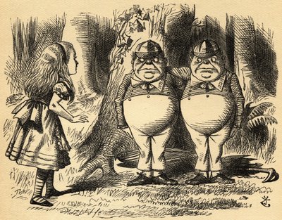 Alice Tweedledummal és Tweedledee-vel. Illusztráció: Sir John Tenniel alkotó: John Tenniel