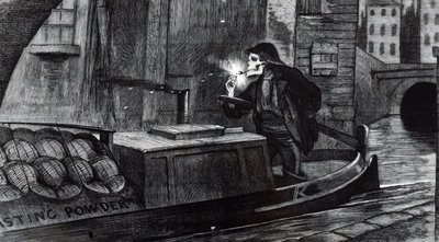 John Tenniel kampánykarikatúrája azt javasolja, hogy a Parlament vezesse be a robbanóanyagok kezelésének és szállításának biztonsági szabályait, miután egy puskaport szállító bárka megsemmisült a londoni Regent