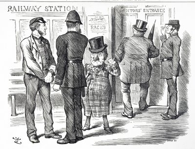 Karikatúra, amely kommentálja a blokkrendszer jelzésének kötelezővé tételét a Brit Vasúton alkotó: John Tenniel