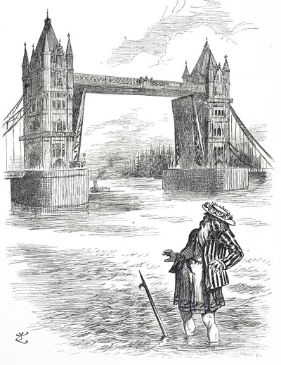 Rajzfilm, amely Temze atyát ábrázolja, amint a londoni Tower Bridge-t csodálja alkotó: John Tenniel