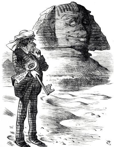 Benjamin Disraeli miniszterelnököt ábrázoló karikatúra, amint a Szuezi-csatornát tartja a britek birtokának és befolyásának kulcsa Indiában alkotó: John Tenniel