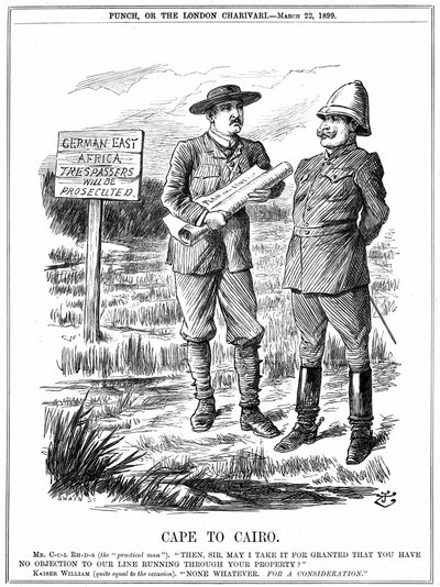Cecil John Rhodes (1852-1902) angol származású dél-afrikai államférfi, aki engedélyt kér a német császártól, hogy távíróvonalat vezessenek át a német Kelet-Afrikán. Cape To Cairo, John Tenniel rajzfilmje a Punch-ból, London, 1899. március 22. Metszet alkotó: John Tenniel