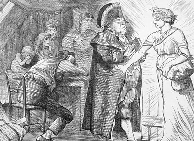 A jótékonyság félresöpörte Brumble úr tiltakozását azon elhatározása miatt, hogy segítséget nyújt a bajba jutott szegény családoknak alkotó: John Tenniel