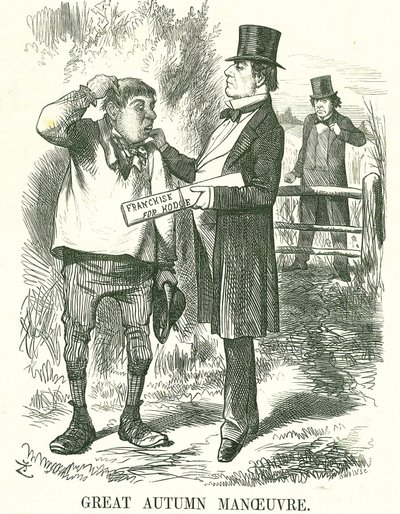 Nagy őszi manőver: Gladstone úgy gondolta, hogy végül a mezőgazdasági munkásokra kell szavazni (Hodge). Ebben az időben a miniszterelnöksége ingatag volt, és Disraeli arra vár, hogy átvegye a helyét. John Tenniel rajzfilm a londoni Punchból, 1873. augusztu alkotó: John Tenniel