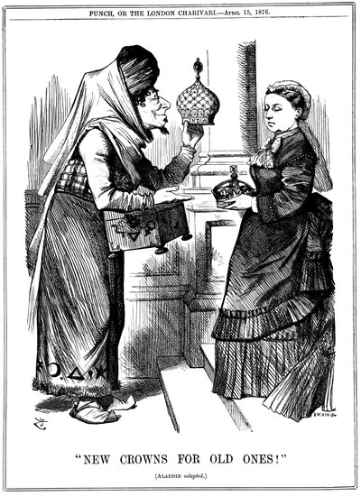 Új koronát a régieknek!, Benjamin Disraeli felajánlja India koronáját Viktória királynőnek, 1876 alkotó: John Tenniel