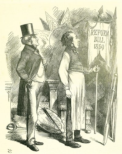 Politikai gazdaságtan: parlamenti reform – a franchise kiterjesztése. Disraeli (kancellár) és Derby (miniszterelnök) leporolja a reformtörvényt. 1867-ben Disraeli új törvényjavaslatot terjesztett elő. John Tenniel rajzfilm a londoni Punchból alkotó: John Tenniel