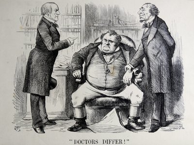 William Ewart Gladstone-t, Benjamin Disraelit és John Bullt ábrázoló politikai szatíra alkotó: John Tenniel