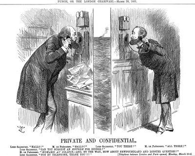 Privát és bizalmas, az angol-francia telefonvonal megnyitása, 1891 alkotó: John Tenniel