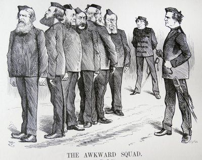 A KÉNYELMŰ OSZTAG. John Tenniel rajzfilm. Disraeli nehézségei az orosz-török háborúval kapcsolatos politikákról alkotott kabinetjének eltérő véleményével alkotó: John Tenniel